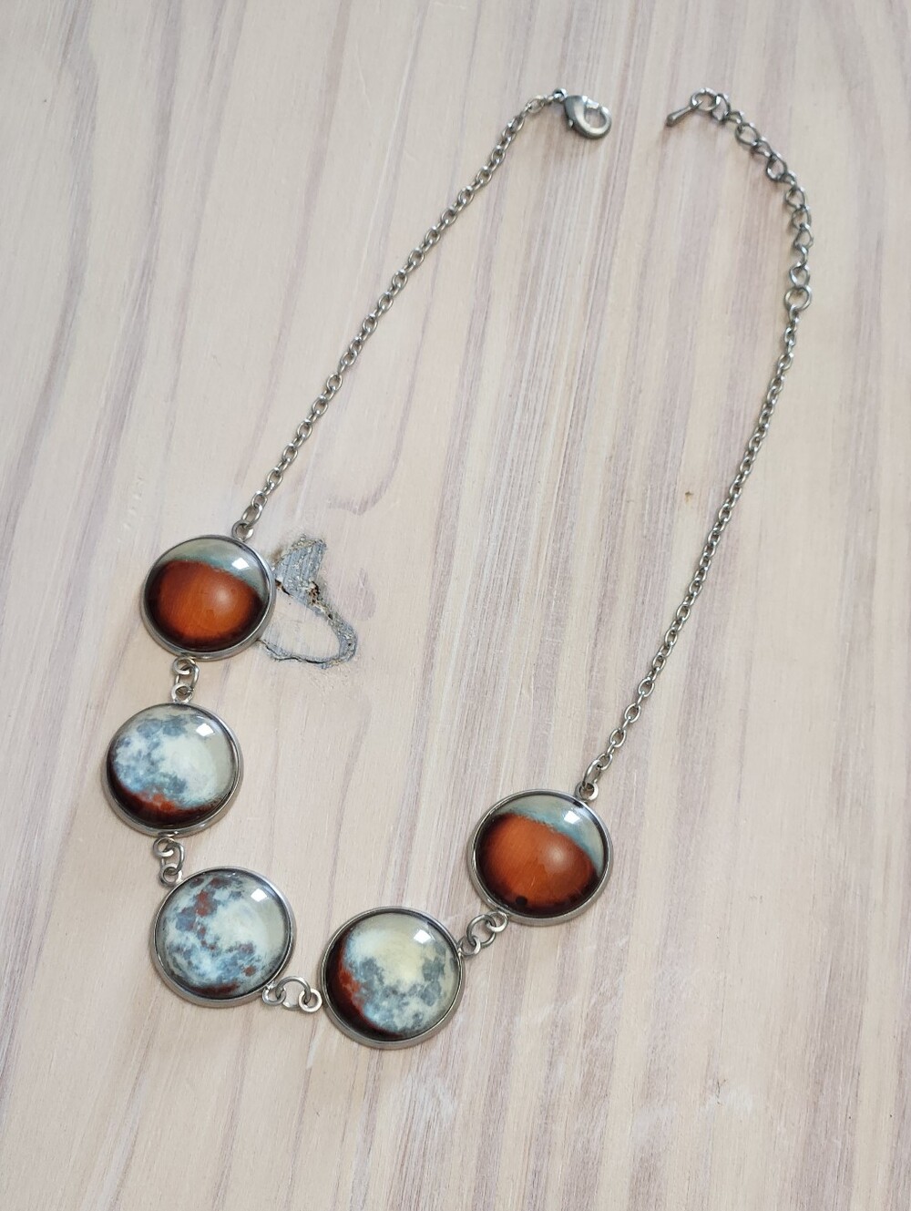 Silver Necklace Circular Pendants Moon Phases Full Moon Surface